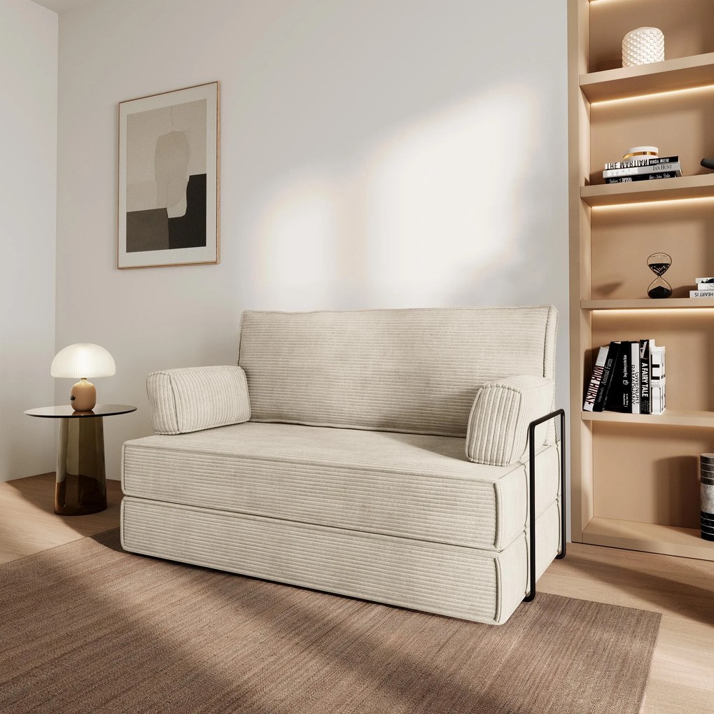 Masseno Sofa piankowa LADIA z funkcją spania, Kanapa z pianki do salonu, Bezmontażowa, Tkanina sztruksowa – Kremowy POSO 100