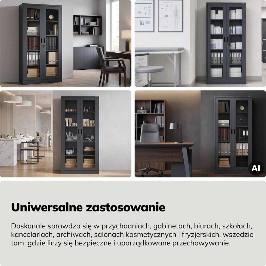 Witryna przeszklona metalowa wysoka z zamkiem antracytowa, 900x1850x400 mm: AMELIA