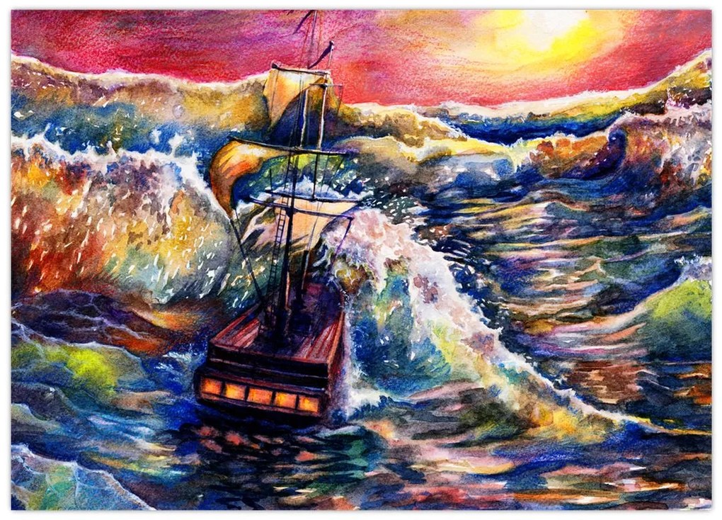 Obraz - Statek na falach oceanu, akwarela (70x50 cm)
