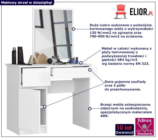 Białe biurko z toaletką z lustrem do sypialni lewostronne D9-D44
