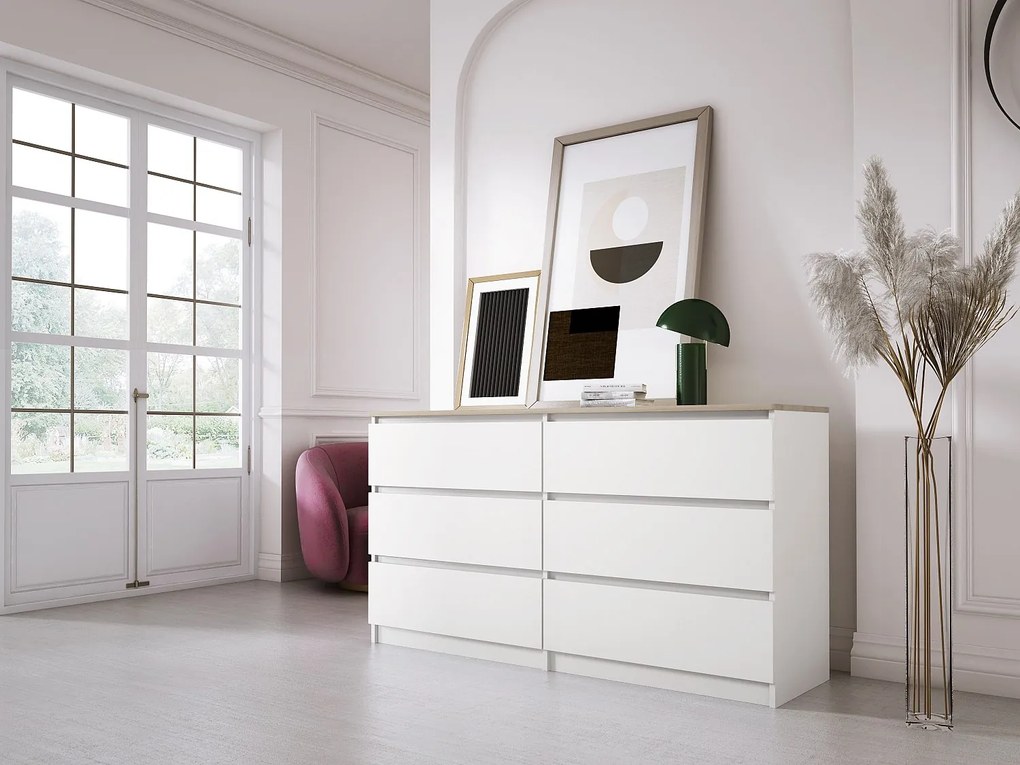 Komoda z 6 szufladami: blat biały matowy / dąb sonoma, 138 x 39 x 79 cm