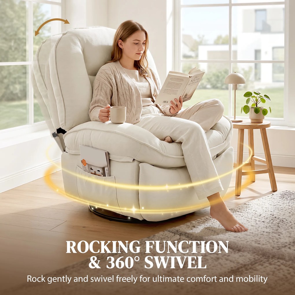 HOMCOM Fotel Relaksacyjny, Obracany Fotel z Funkcją Kołysania i Rozkładania, Głębokie Siedzisko, Grube Oparcie, Łatwy Montaż, Kremowy | Aosom PL