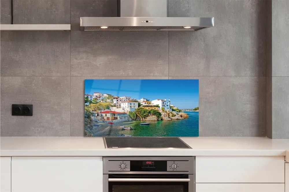 Szkło do Kuchni na Ścianę Tradycyjna Grecka Architektura nad Wodą