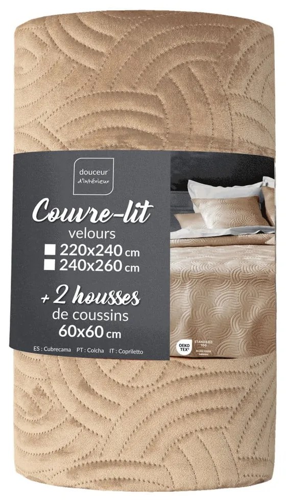 Jasnobrązowy aksamitny zestaw narzuty na łóżko i poszewki na poduszkę 240x260 cm Solange – douceur d'intérieur