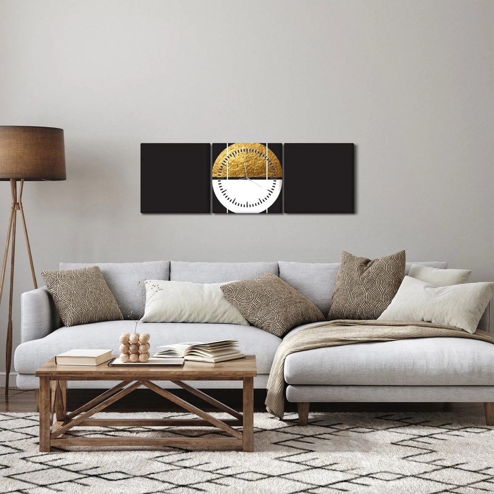 Obraz - Abstrakcja złoto i czerń N⁰1 (z zegarem) (90x30 cm)