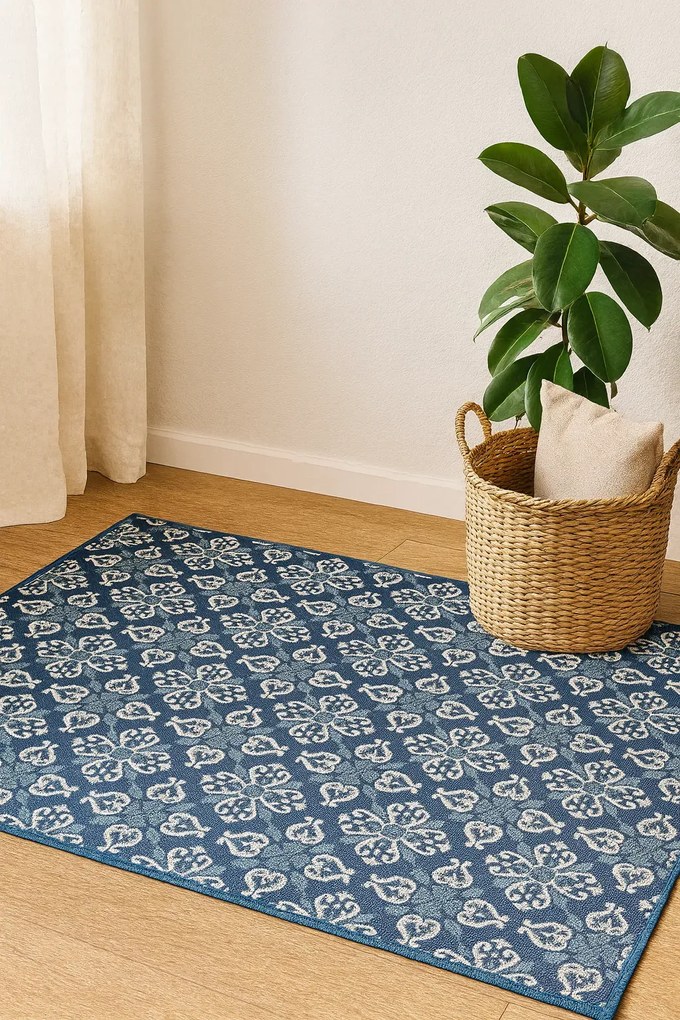 Niebieski dywan sznurkowy w kwiatki P2-P58