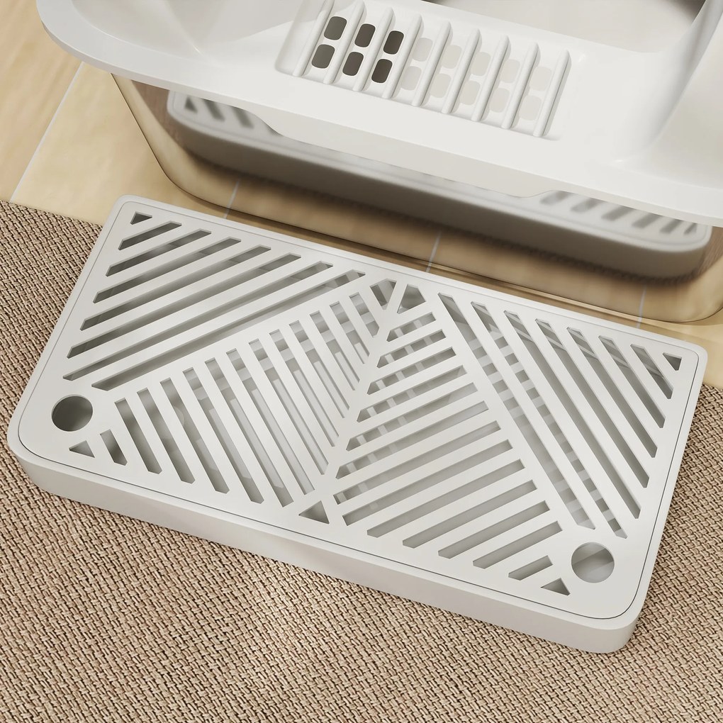 PawHut Kuweta dla kota, ze stali nierdzewnej, z wysokimi bokami i pojemnikiem, Jasnoszary