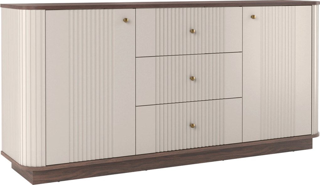 Komoda Vesper 160 cm z szufladami na cokole - kaszmir / orzech / złote uchwyty