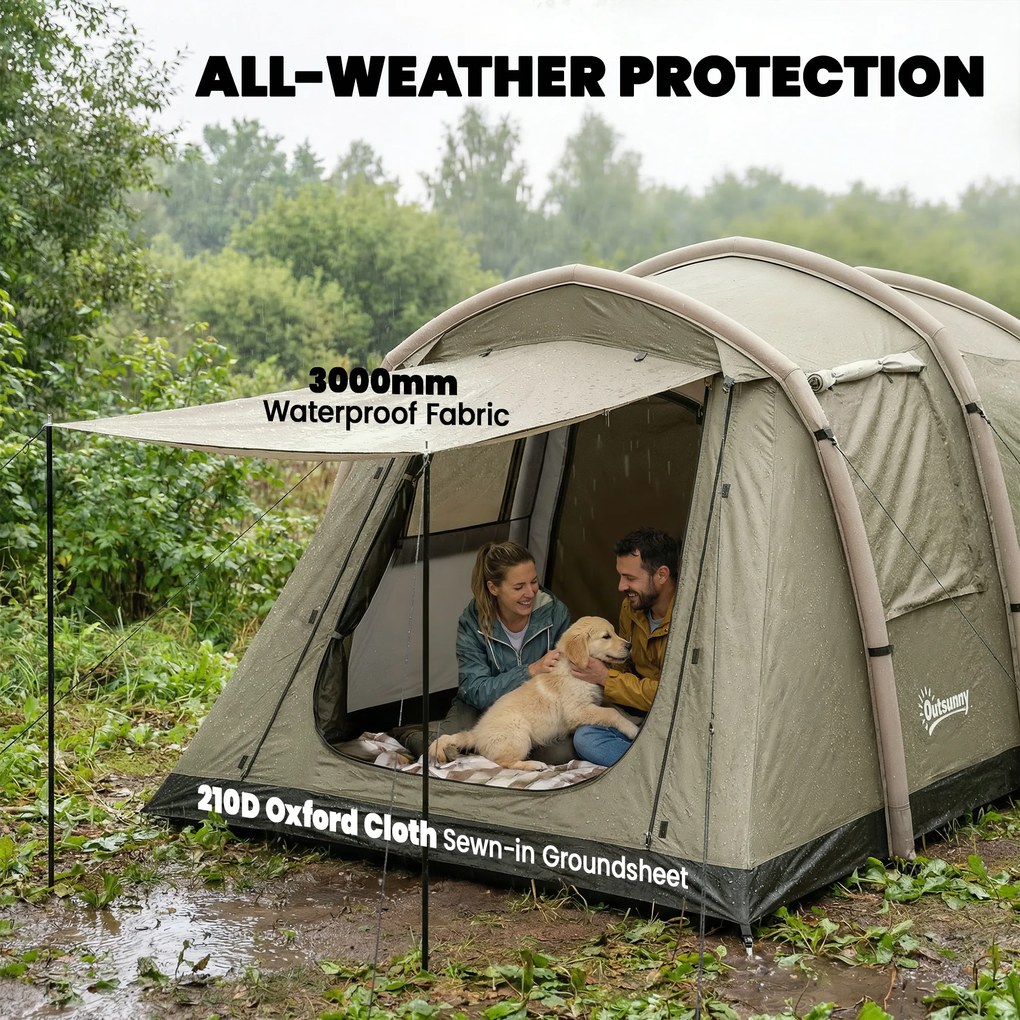 Outsunny Nadmuchiwany namiot dla 2-4 osób, szybkie rozstawianie, outdoorowy namiot z pompką, oknami z siatki, szpilkami i daszkiem | Aosom PL