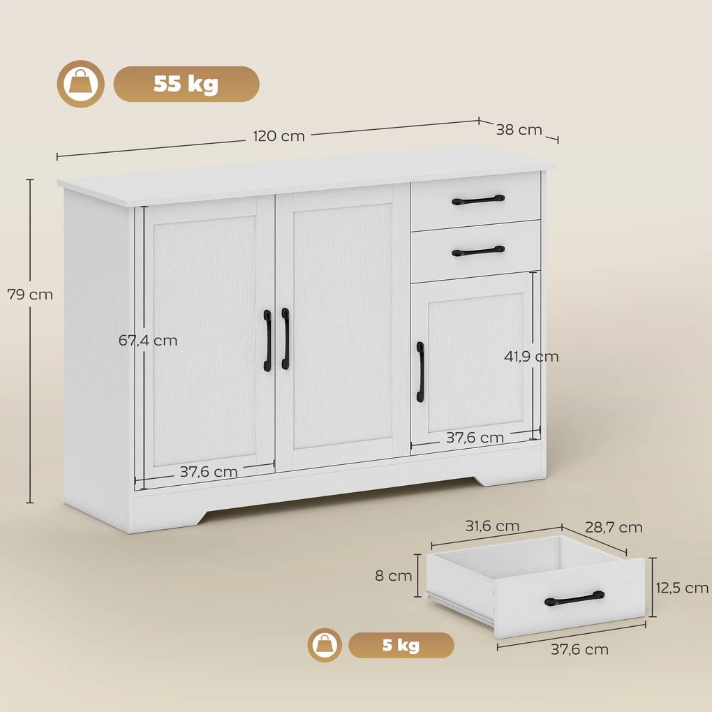 HOMCOM Sideboard z 2 szufladami, nowoczesna szafka do przechowywania, regulowana półka i 3 drzwi, Biały | Aosom PL
