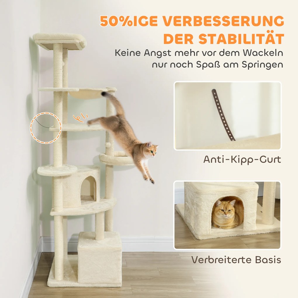 PawHut 2-metrowy drapak dla 2-3 kotów, słupki do drapania, kryjówki, hamak, miejsca do ukrycia, wielopoziomowy design, sizal, drewno, plusz, beżowy