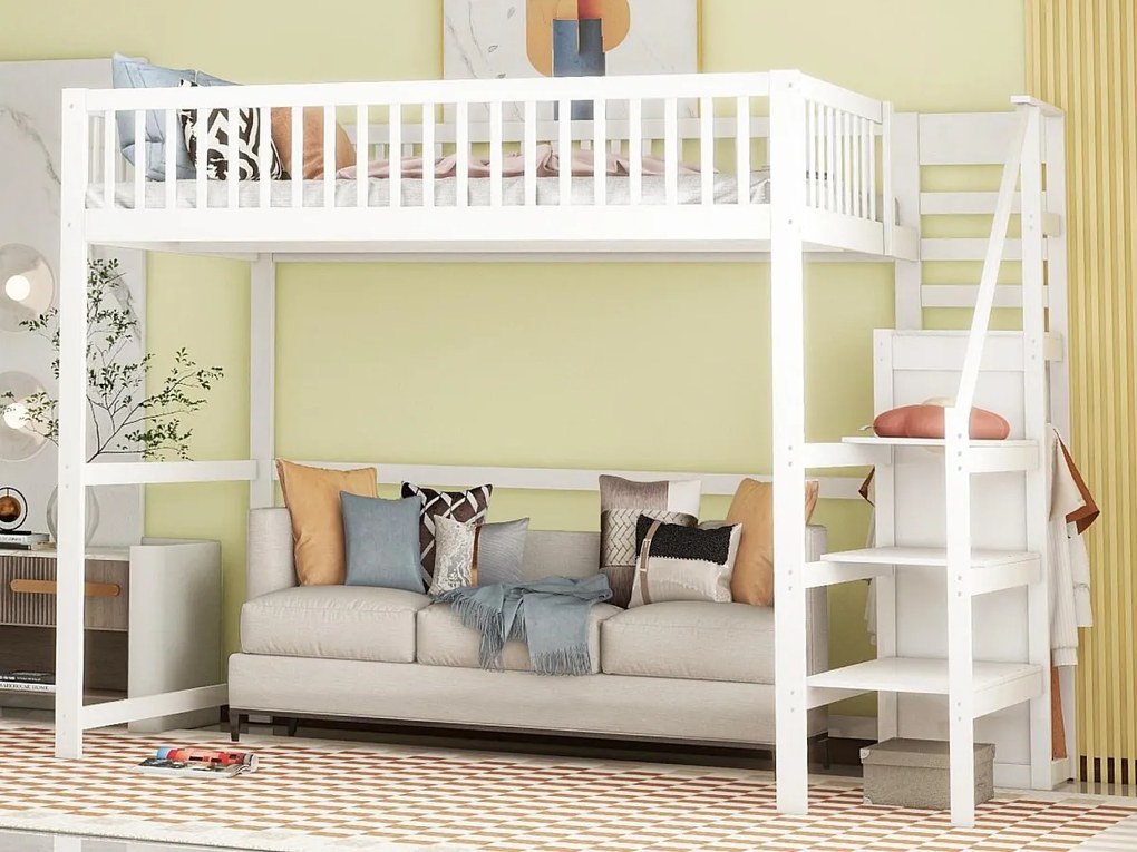 Łóżko mezzanine 140x200cm z drewna - z szafą - Białe