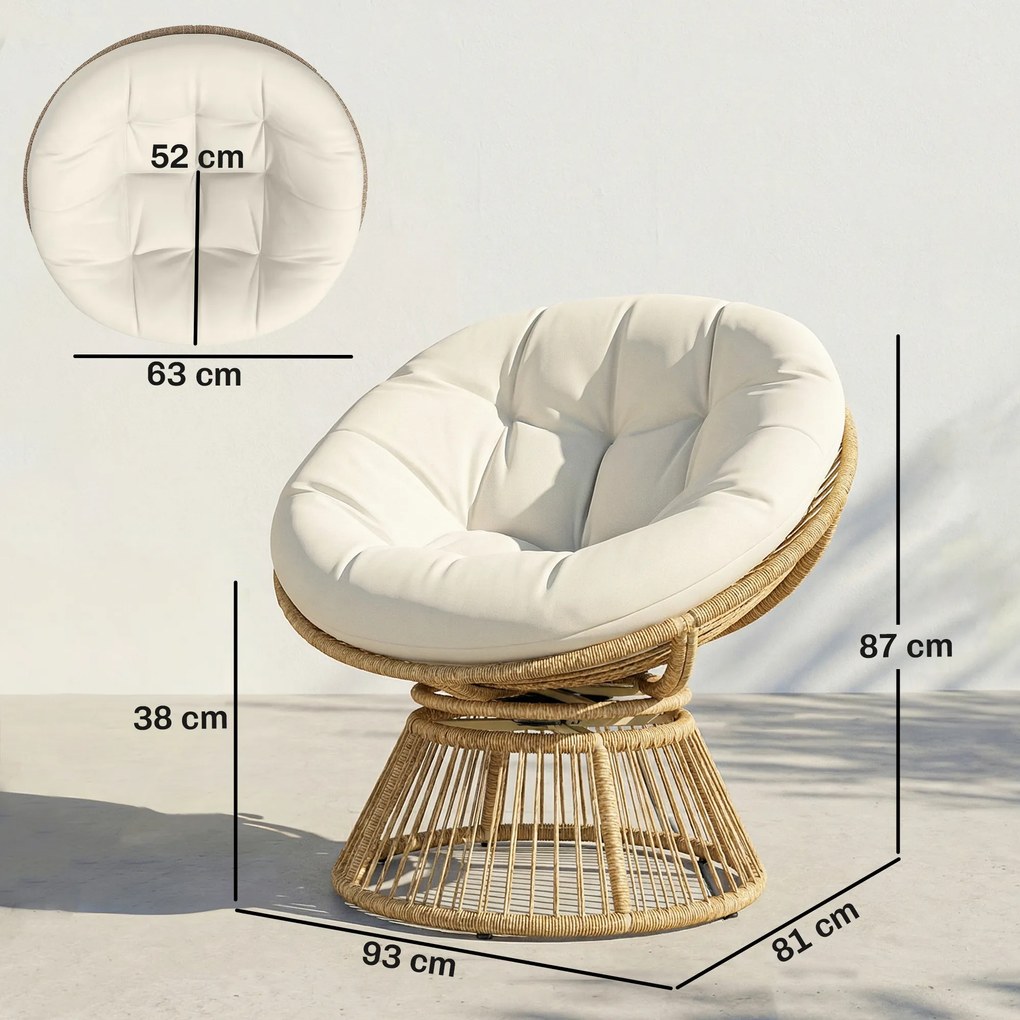 Outsunny Fotel Papasan 360° obrotowy z poduszką stalowa rama okrągły fotel z rattanu fotel wypoczynkowy kremowy | Aosom PL