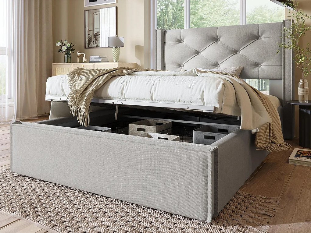 Łóżko z pojemnikiem, wyściełane bawełną, 90x200 cm, w zestawie stelaż z listew, jasnoszare