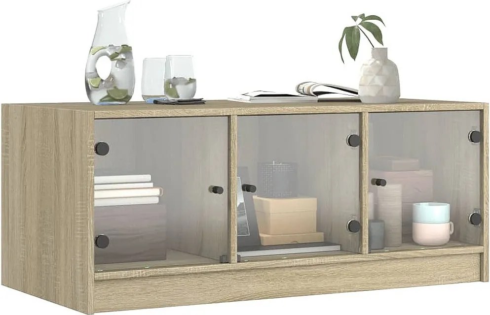 Stolik kawowy z dębu Sonoma z drzwiczkami szklanymi i dużą przestrzenią do przechowywania