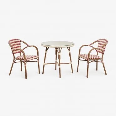 Zestaw Stół Okrągły Ø80 Cm Brielle Bistro I 2 Krzesła Z Podłokietnikami Z Technorattanu I Aluminium Solange Bistro Ruby Red - Kremowa - Sklum