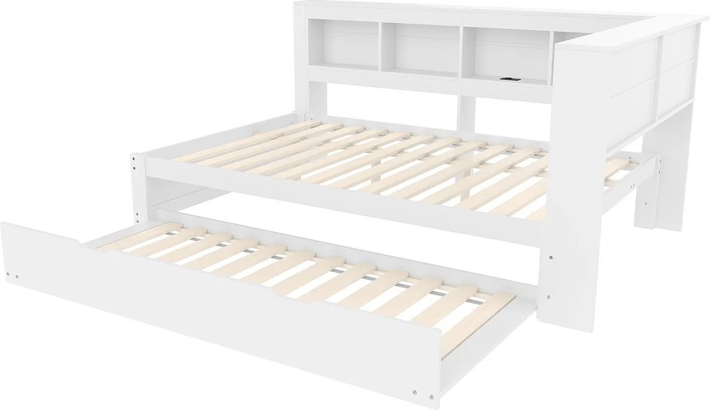Łóżko dzienne 140x200 cm, łóżko dziecięce z wysuwanym łóżkiem i stelażem, 2 porty USB - białe (bez materaca)