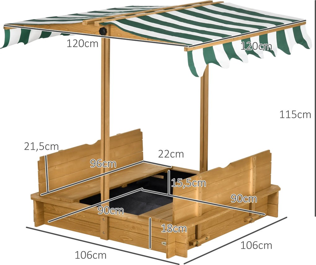 Outsunny Piaskownica 106x106 cm dla dzieci z drewna z regulowanym daszkiem, ławkami i oparciami jasnobrązowa | Aosom PL
