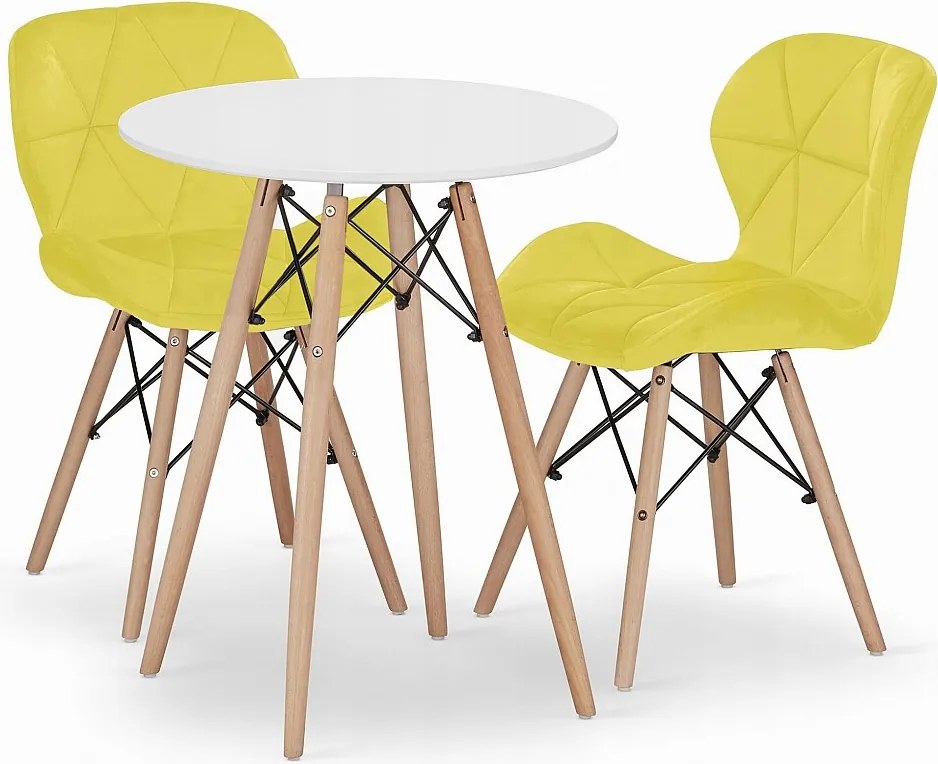 Zestaw obiadowy Valora | Okrągły stół KOVA 60 cm, biały + 2 żółte krzesła WAKO