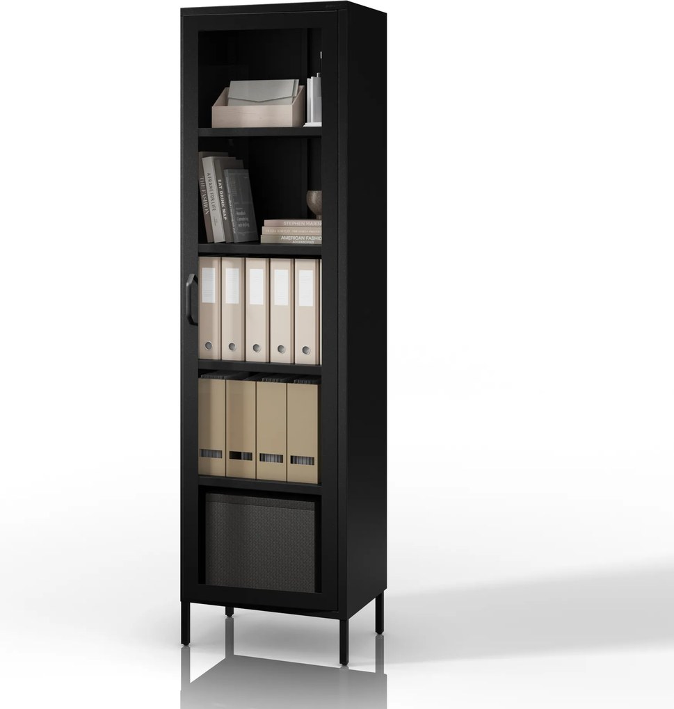 Witryna szklana do salonu wąska metalowa czarna LUIGI Modern 500 x 1800 x 350 mm