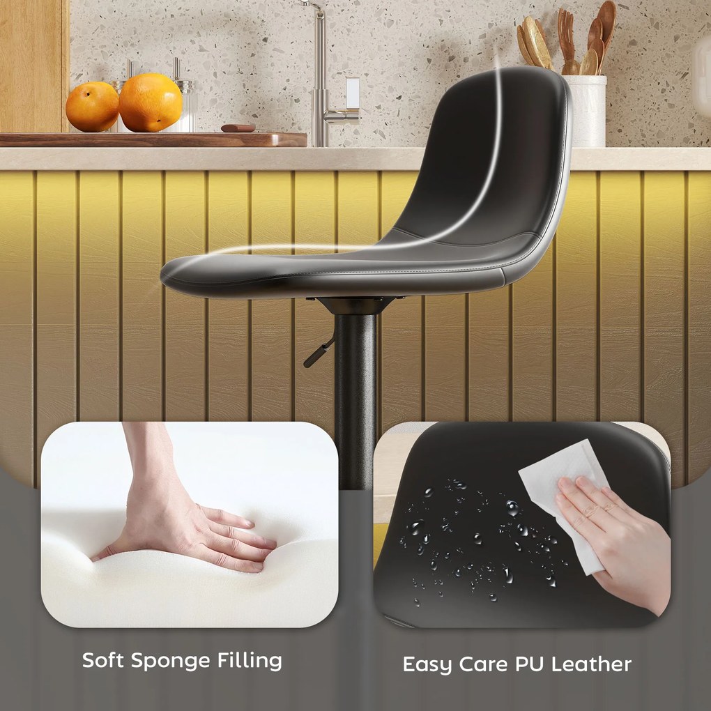HOMCOM Zestaw 2 krzeseł barowych, obrotowe, z oparciem i podnóżkiem, podstawa metalowa, Sztuczna skóra, Czarny