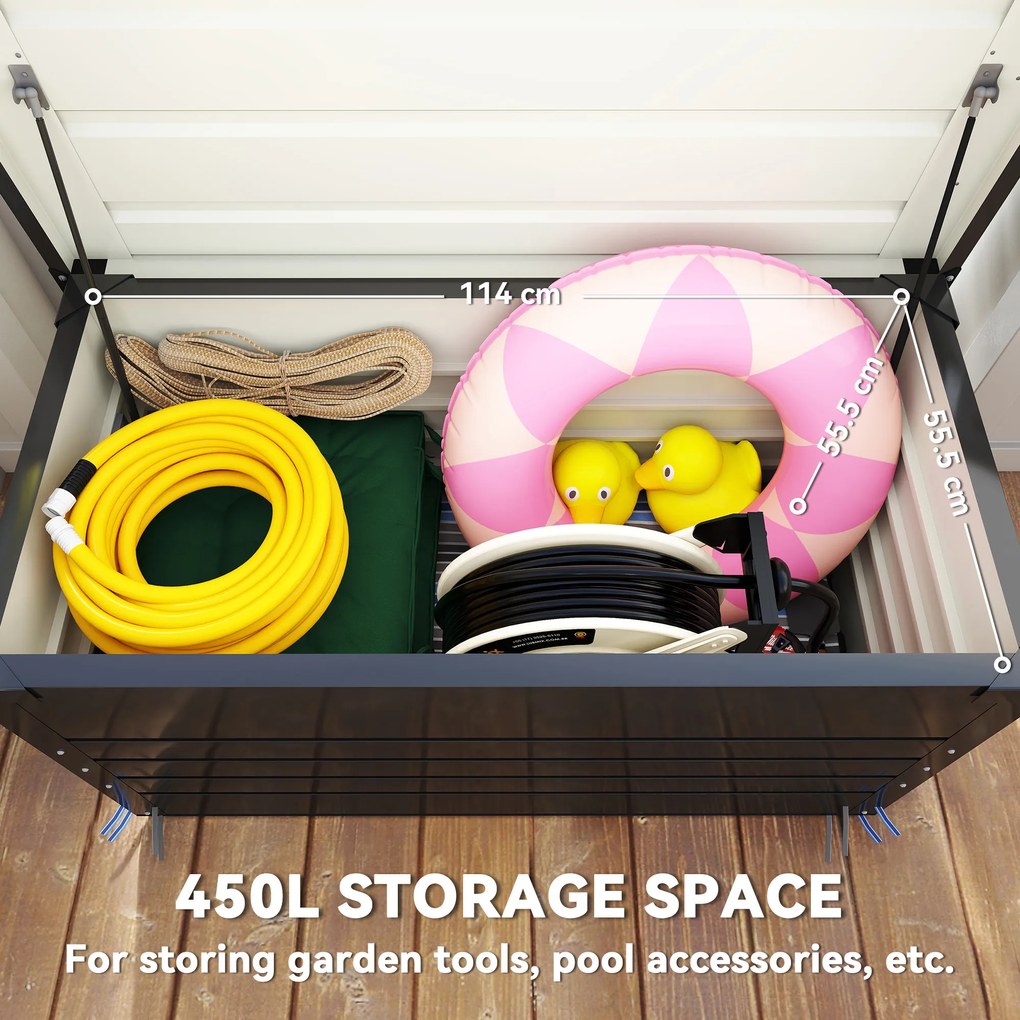 Outsunny Skrzynia ogrodowa metalowa 450 l skrzynia na poduszki z dwuwarstwową pokrywą 120 x 61 x 62 cm wodoodporna zamykana Szary | Aosom PL