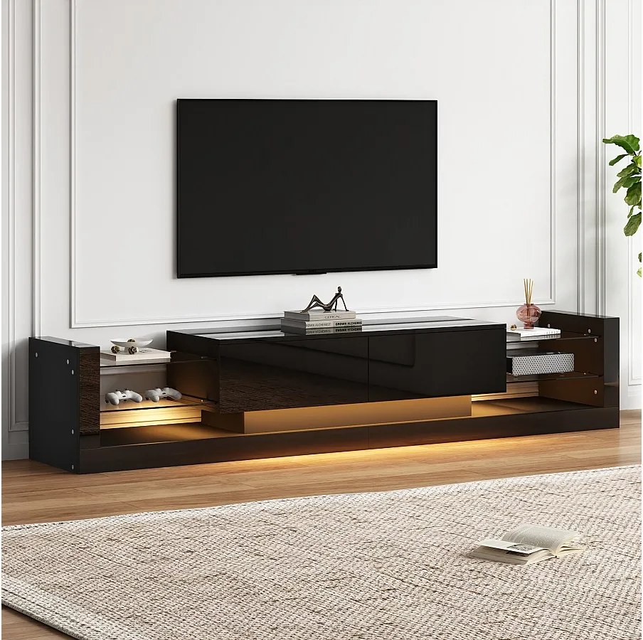 Czarna szafka RTV z 2 drzwiczkami i szklanymi półkami, oświetlenie LED - do salonu i biura