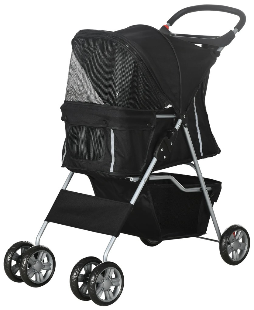 PawHut Wózek dla psów składany z uchwytem na kubek i daszkiem przeciwsłonecznym, czarny