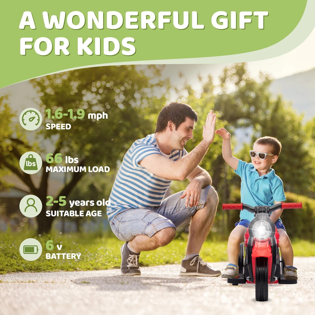 AIYAPLAY Motocykl Dla Dzieci Elektryczny, 6V Motocykl Dla Dzieci z Muzyką, Bąbelkami 2,5-3 km/h, dla Dzieci w Wieku 2-5 lat