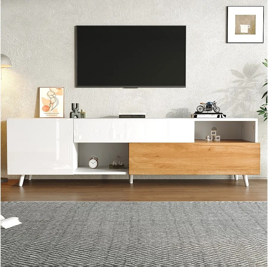 Szafka RTV 180 cm z 2 drzwiczkami, 2 schowkami i 1 szufladą - Biała i naturalne drewno