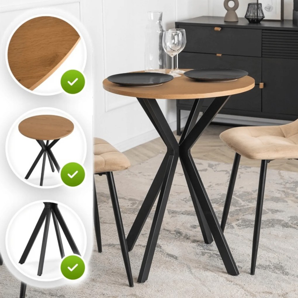Stół Okrągły LAUREN 60 cm Dąb Złoty/Czarny Loft Nowoczesny