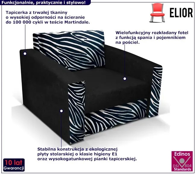 Czarno-biały fotel rozkładany w zebrę T2-D42