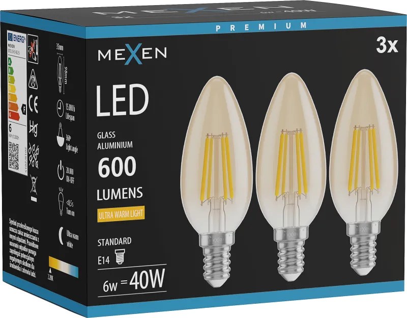 Mexen Vintis 3x żarówka filament LED E14, C35, 6W, Ciepła - 2200K, 600 lm, amber - L154-E14-0622-50x03
