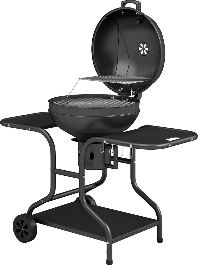 Outsunny Grill węglowy BBQ z bocznymi stolikami, termometrem w pokrywie, kółkami 129 x 63,5 x 106,5 cm | Aosom PL