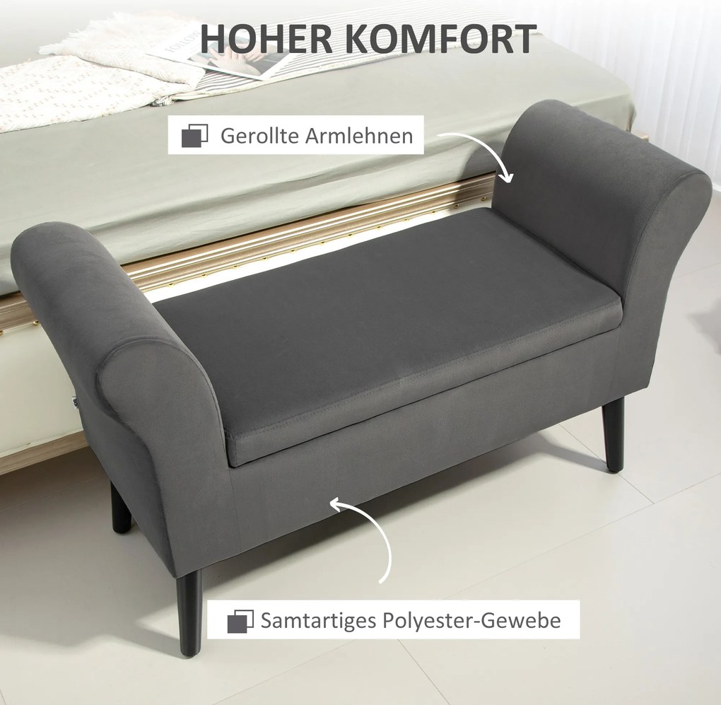 HOMCOM Ławeczka z miejscem na przechowywanie, składana pokrywa, miękka siedziska, aksamitny wygląd, 111,5x41x65 cm, Szara