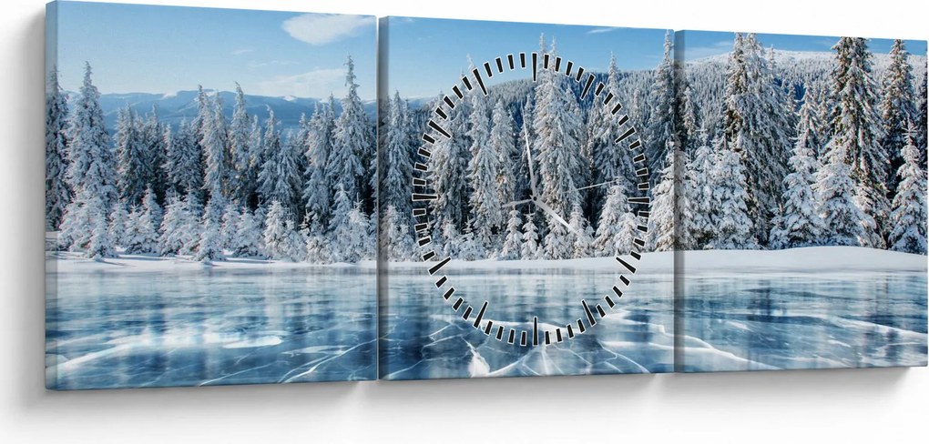 Obraz zamarzniętego jeziora i pokrytych śniegiem drzew (z zegarem) (90x30 cm)