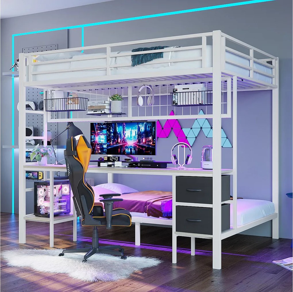 Łóżko piętrowe dla dzieci - 90 x 200 + 140 x 200 cm - z 2 szufladami + biurko + diody LED + USB - metalowe - białe