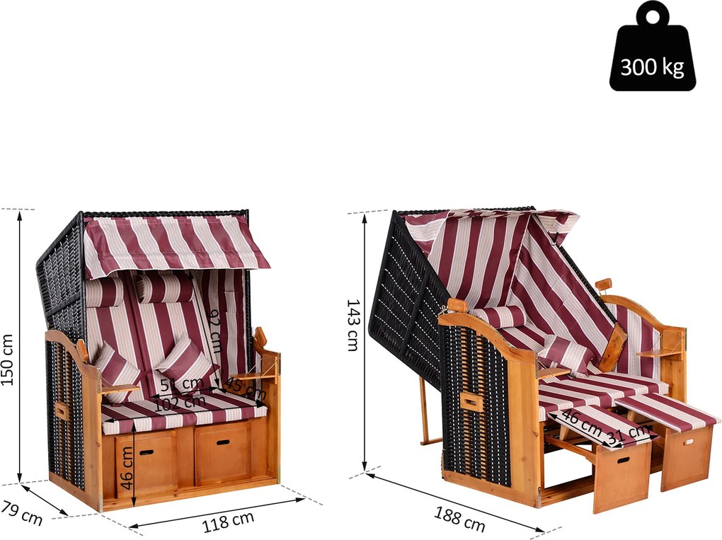 Outsunny Leżak ogrodowy 2-osobowy z daszkiem i podnóżkiem, rattan PE, czerwony, 118x79x150cm | Aosom PL