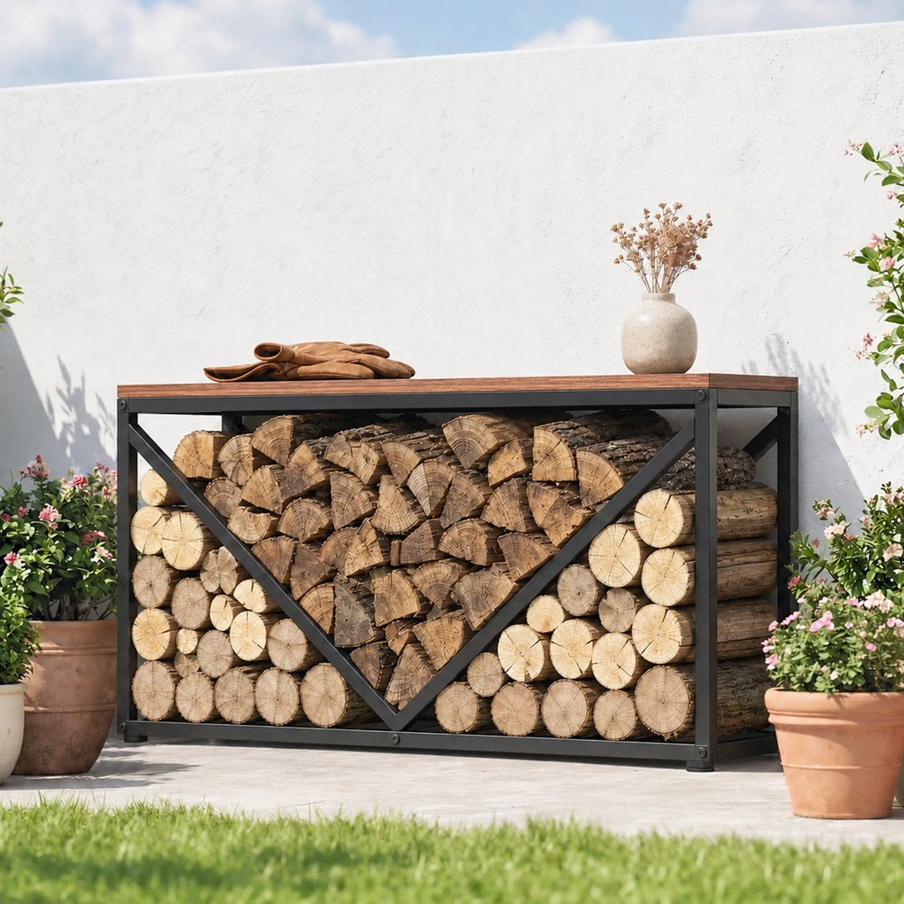 Outsunny 2-in-1 stojak na drewno do wnętrz 98 x 28 x 50 cm podwyższony stojak na drewno z półką przegrodą stolik boczny | Aosom PL