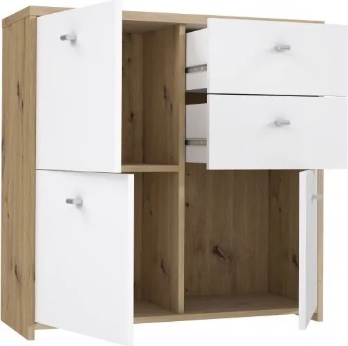 Kwadratowa komoda z 3 szafkami i 2 szufladami Best Chest 223, biały/dąb artisan