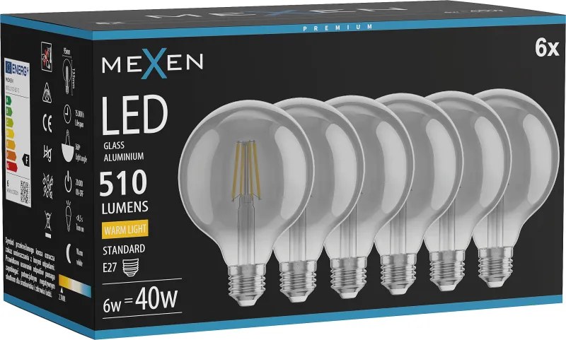 Mexen Vintis 6x żarówka filament LED E27, G95, 6W, Ciepła - 2700K, 510 lm, smoke - L157-E27-0627-70x06