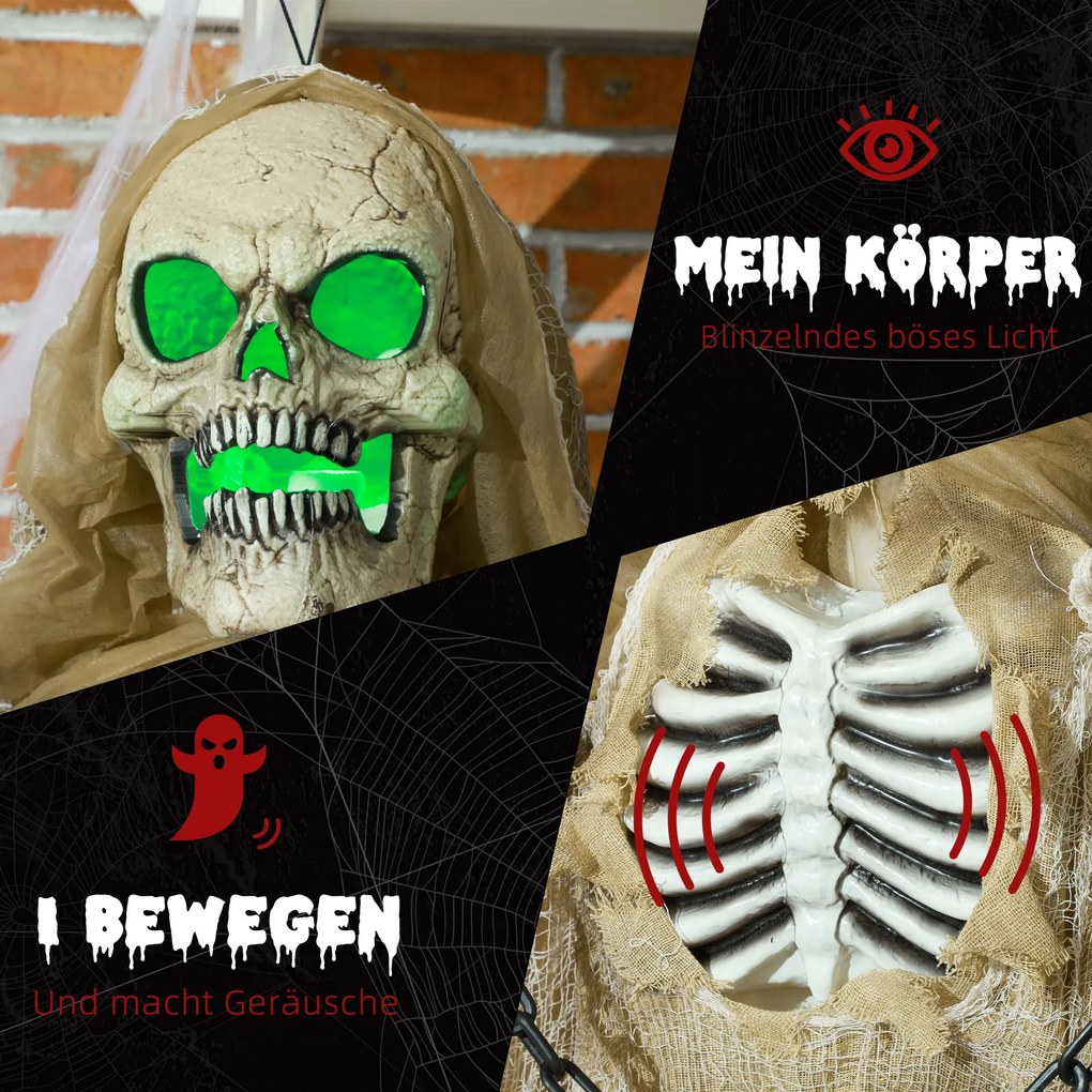 HOMCOM Dekoracja Halloween, Wiszący Szkielet, Świecąca Głowa, Przerażające Wycie, Giętkie Ramiona, Khaki