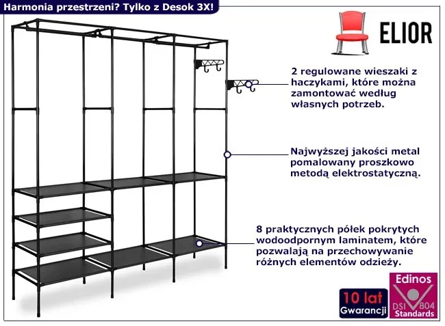 Czarna garderoba z 8 półkami - Dister 3X