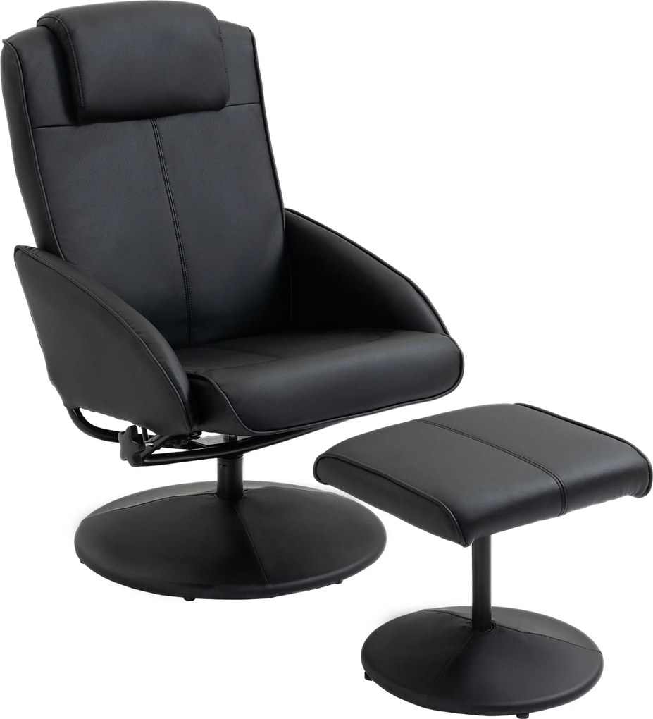HOMCOM Fotel relaksacyjny z podnóżkiem, pokrycie z sztucznej skóry, regulowany, ergonomic design, Czarny