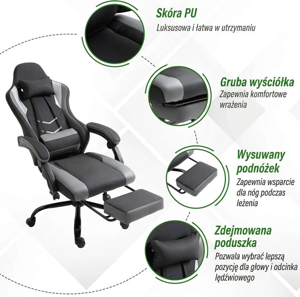 Vinsetto Ergonomiczne krzesło gamingowe z podnóżkiem krzesło biurowe do biurka czarne | Aosom PL