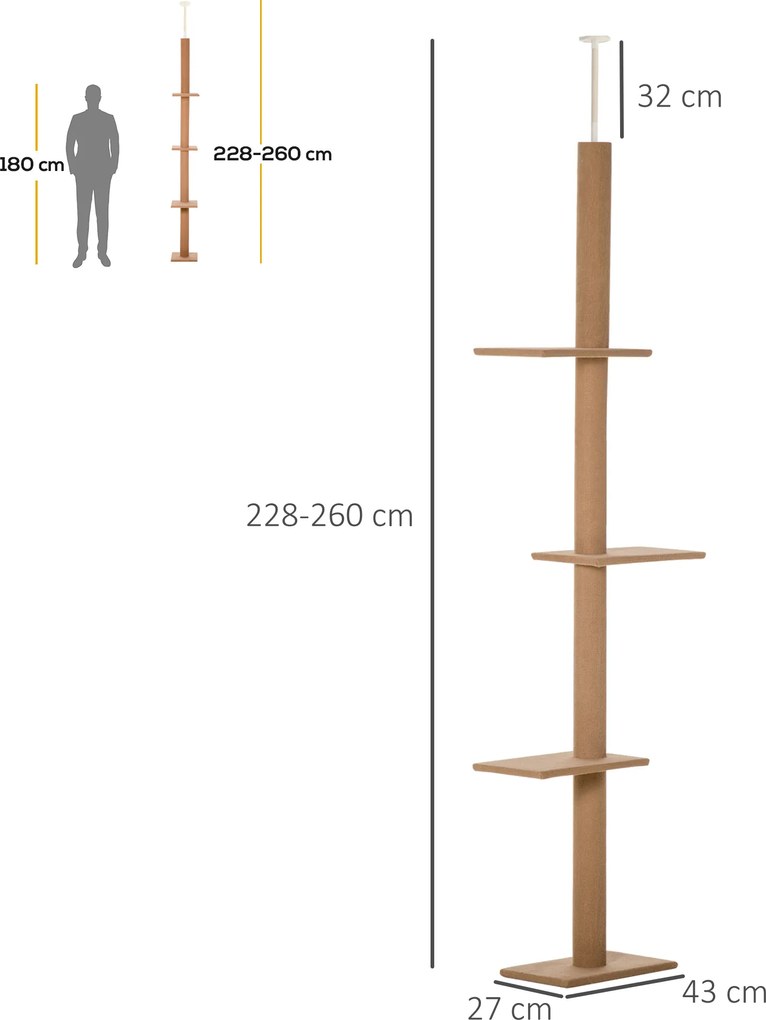 PawHut Drapak z regulowaną wysokością dla kota Brązowe drzewko wspinaczkowe z zabawkami 43x27x228-43cm | Aosom PL