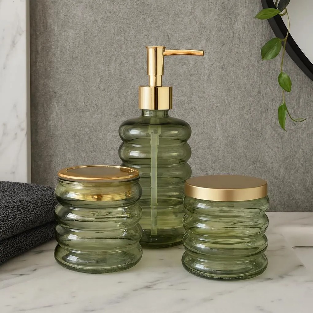 Zestaw łazienkowy HUM, szklany dozownik, kubek, pojemnik, 3 elementy