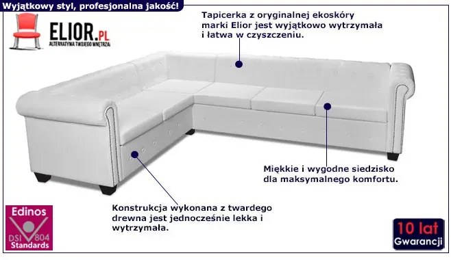 6-osobowy biały narożnik w stylu Chesterfield - Xavier 6Q