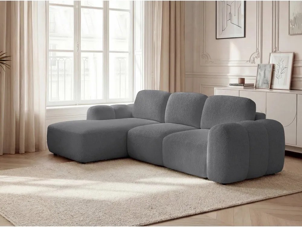 Szary rozkładany narożnik z materiału bouclé ze schowkiem (lewostronny/z szezlongiem) Montaigne – Bobochic Paris