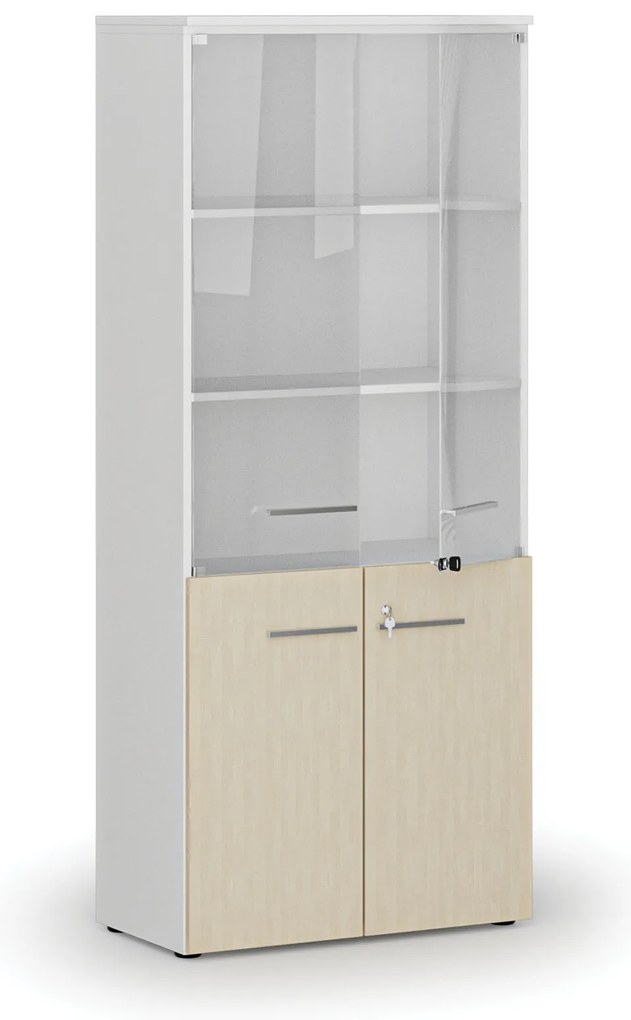 Szafa biurowa kombinowana PRIMO WHITE z drzwiami drewnianymi i szklanymi, 800 x 420 x 1781 mm, biały/brzoza